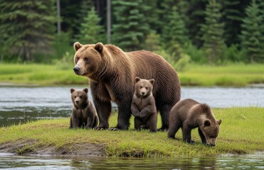 Obraz premium Large brown bear with three cubs standing on grassy bank surrounded by river waters in remote summer wilderness under soft cloudy skies