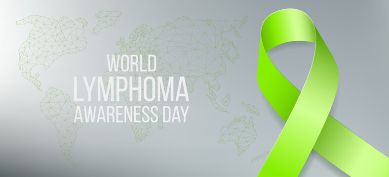 World Lymphoma awareness day concept. Banner with lime ribbon awareness, text and world map. Vector illustration.