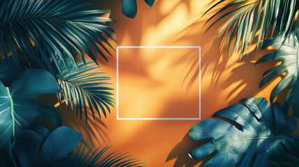 Vibrant orange background is framed by lush green tropical leaves, creating lively and inviting atmosphere. interplay of light and shadow adds depth and texture to scene