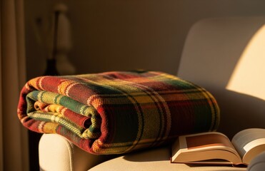 A folded plaid blanket on armchair bathed in soft afternoon sunlight with warm colors and a nearby book in a quiet uncluttered space