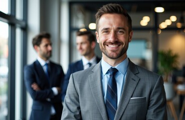 Fototapeta premium A confident businessman smiling in a modern office environment with colleagues in the background