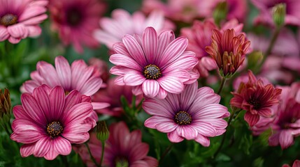 Fototapeta premium Vibrant pink daisy blossoms unfurl delicate petals in lush garden setting, capturing nature's beauty