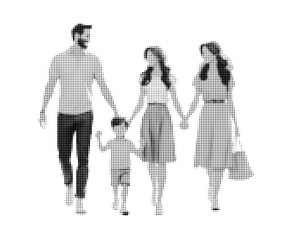Halftone illustration of happy family walking together, parents holding hands with children, retro black and white dotted style, vintage pop art effect, isolated on white background.