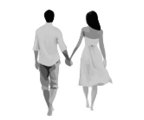 Halftone illustration of lovers walking together holding hands, family, retro black and white dotted style, vintage pop art effect, isolated on white background.

