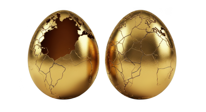 Two gleaming golden eggs with textured surfaces suggesting treasure or luxury on a contrasting dark backdrop transparent background