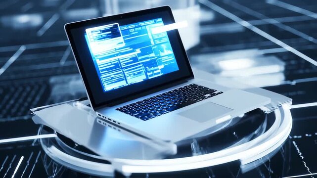 A laptop computer with a glowing, data-rich screen sits atop a futuristic, circular platform