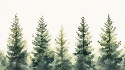 Serene watercolor painting of evergreen trees showcases tranquil forest scene with soft green hues and delicate brushwork, evoking sense of peace and nature beauty