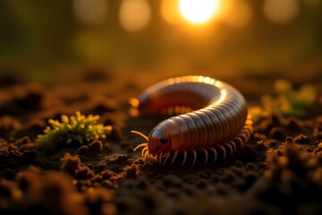 Close-up of a Millipede in Warm Sunlight