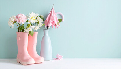 against a light blue background, a pair of pink boots are the focal point, serving as a unique vase for a variety of flowers