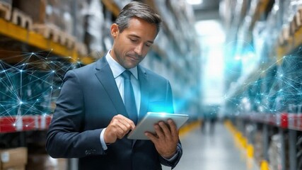 Modern Warehouse Management: A sharply dressed individual in a warehouse setting meticulously reviews digital data, underscored by advanced network visualization.