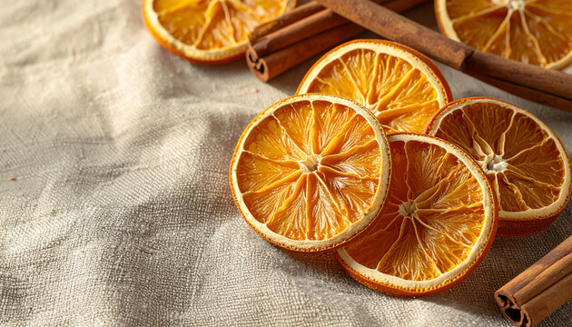 the image captures a collection of dehydrated fruit slices and spice sticks arranged on a textured fabric