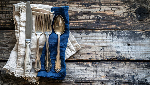 the image features a place setting on a weathered, rustic wooden surface - Powered by Adobe