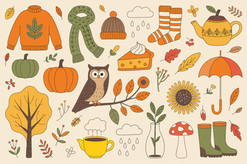 Autumn Flat Lay Vector Composition – Fall-Themed Objects Including Sweaters, Pumpkin Pie, Umbrella, Owl, Leaves, and More on Cream Background for Seasonal Graphics, Posters, and Print Projects.