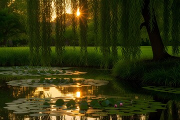 Serene Sunset Over Lily Pond with Weeping Willow