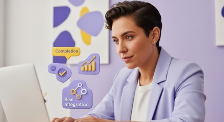 Professional woman working on laptop with floating 3D business icons for progress integration and success
