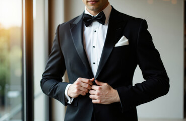 Elegant man in black tuxedo adjusting his jacket in a modern indoor setting