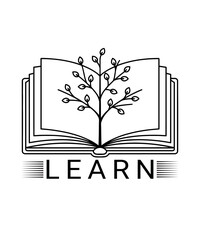 Open book with growing tree and word Learn – inspirational education t-shirt design