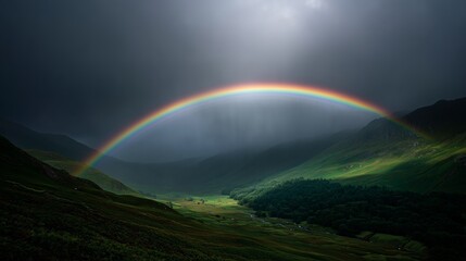 Vibrant rainbow arches over a lush, green valley under a dramatic cloudy sky, creating a breathtaking natural scene.