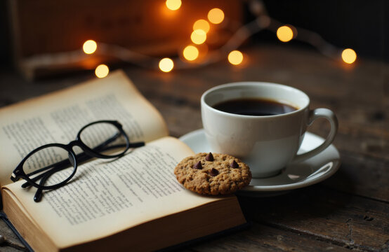 A cozy scene with a cup of coffee, an open book, and a cookie on a rustic wooden table