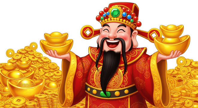 Joyful chinese god of wealth cai shen holding gold ingots surrounded by piles of coins and wealth transparent background