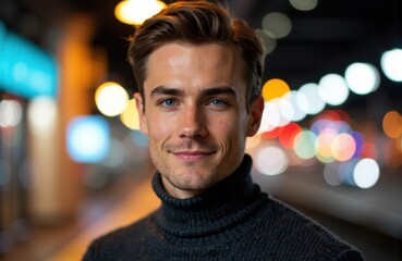 Obraz premium A young man with styled hair and a confident smile stands against a colorful city night background