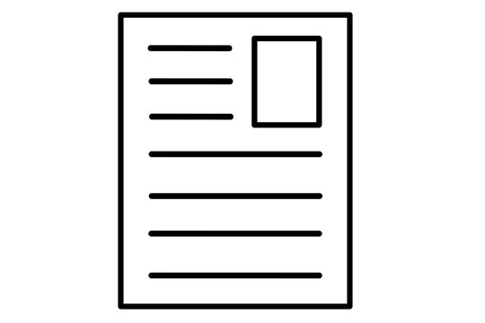 Paper icon with text lines and an image placeholder at the top right, black outline style