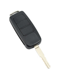 Car key, isolated on a clean white background, represents security, ignition, and access, highlighting modern vehicle design, metallic details, key fob buttons, portability, personal ownership, and es