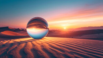 A reflective orb rests on the desert sand, capturing the vibrant sunset hues.