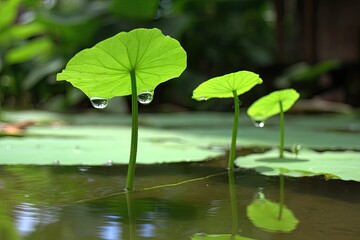 Fresh, vibrant lotus leaves with water droplets