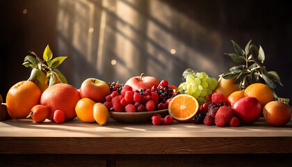 pile of fruit on a beautiful wooden table