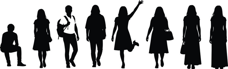 Silhouettes of People in Everyday Poses – Vector Illustration of Fashion, Movement, and Lifestyle Gestures on White Background
