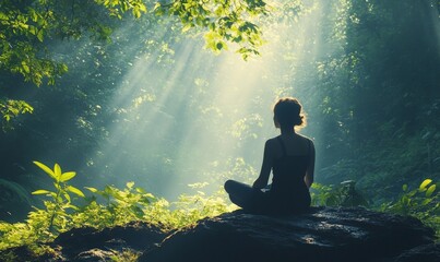 Serene image of a person breathing in fresh air amidst a lush, green forest, symbolizing mindfulness, tranquility, and the healing connection with nature, promoting mental wellness, Generative AI