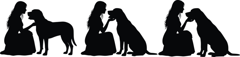 Silhouettes of Person Interacting with Dog – Vector Illustration of Pet Companionship, Kneeling Poses, and Emotional Bonding Moments