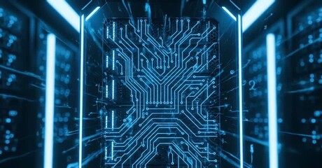 Abstract blue circuit board design with neon lights in a server room. - Powered by Adobe