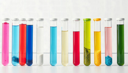 Colorful laboratory test tubes filled with liquids on white background  