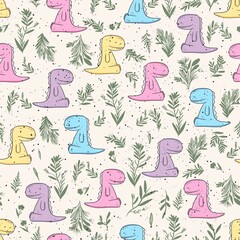 Colorful, cute dinosaurs in leaves