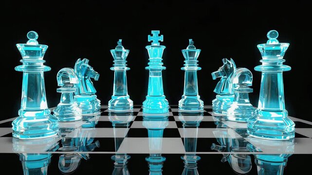 Dynamic chess game unfolds with glowing pieces, strategic thinking in motion, game time