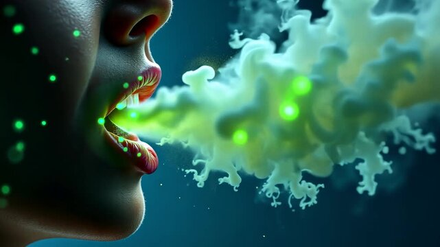 Bad breath, oral hygiene, dental health. Mouth care. Bacteria proliferate in mouth cavity. Halitosis reduces social interaction. Effective toothpaste prevents odor development.