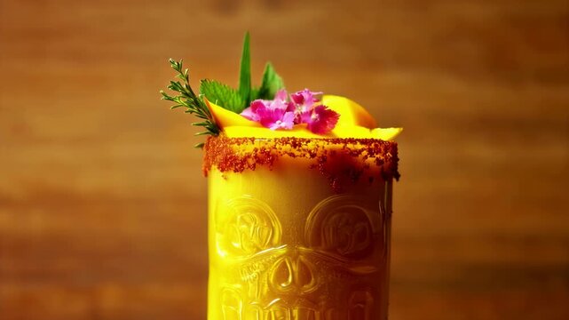 Close-up of a vibrant mango beverage topped with edible flowers and herbs against a rustic wooden background