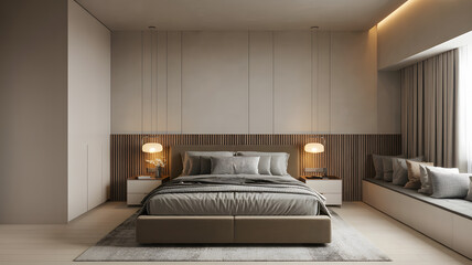 Modern bedroom with neutral tones and natural light