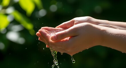 Close-up of cupped hands catching refreshing, clean water droplets, symbolizing purity, hydration, and environmental responsibility, against a blurred, green background