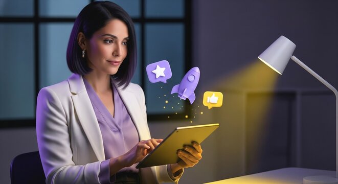 Professional woman using digital tablet for business innovation and creative ideas with glowing icons