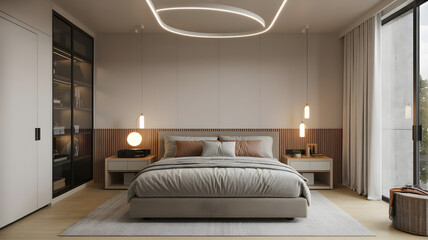 Modern bedroom with neutral tones and stylish lighting