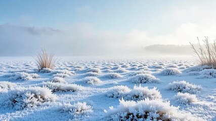 Frosty field shimmers with ice crystals under a misty winter sky, landscape vista - Powered by Adobe