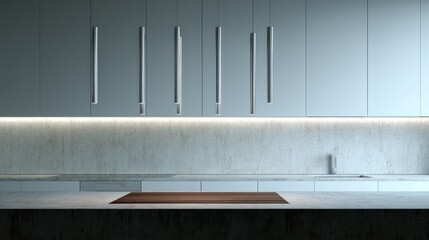 Obraz premium Modern kitchen interior showcases minimalist pendant lights over a concrete backsplash and white countertops.