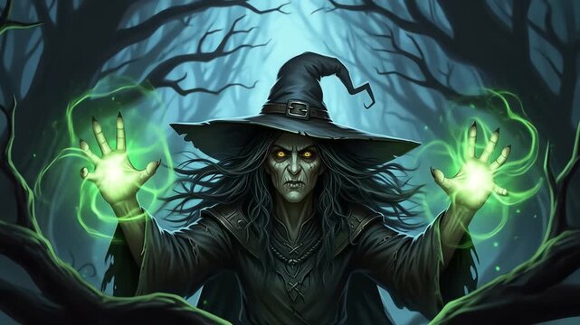 Creepy Witch Casting Green Magic Spell in Dark Forest Halloween Illustration