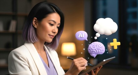 Asian woman using digital tablet with AI concept for future technology and innovation
