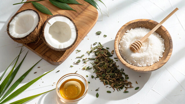 Natural skincare product ingredients displayed with coconut and hurbs