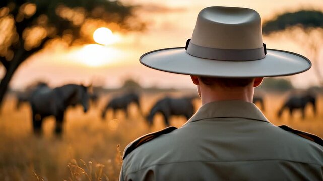 Safari ranger wearing hat observing wild elephants walking across golden savannah landscape during dramatic sunset