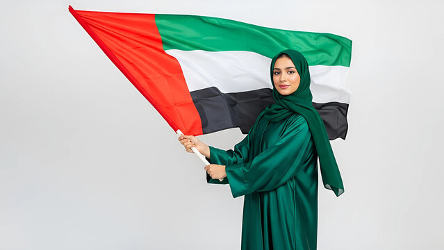 Young emirati woman proudly holding the united arab emirates flag in a studio setting